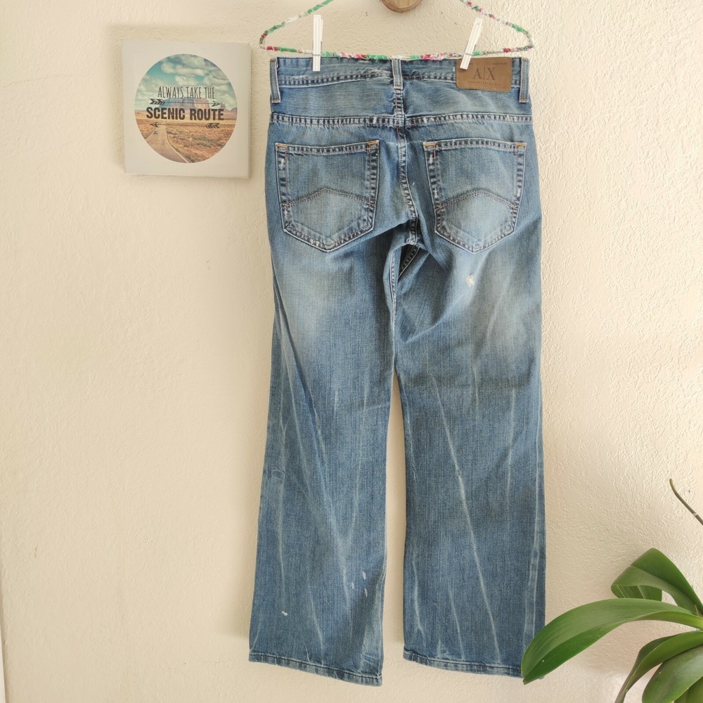 Armani Exchange Loose Straight Denim Jeans Stain Indigo Button Distress‎ 29 X30" - Picture 4 of 10